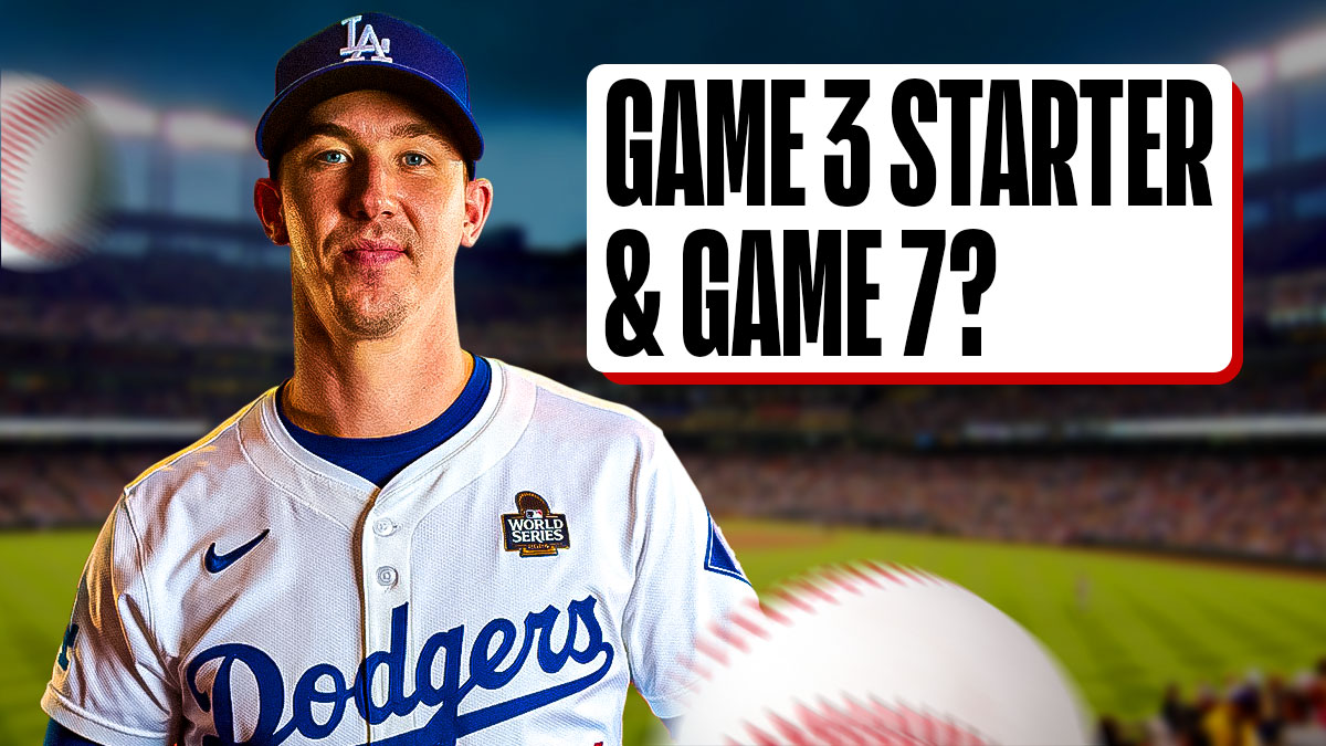 Dodgers' Walker Buehler with a sign that says GAME 3 STARTER & GAME 7?