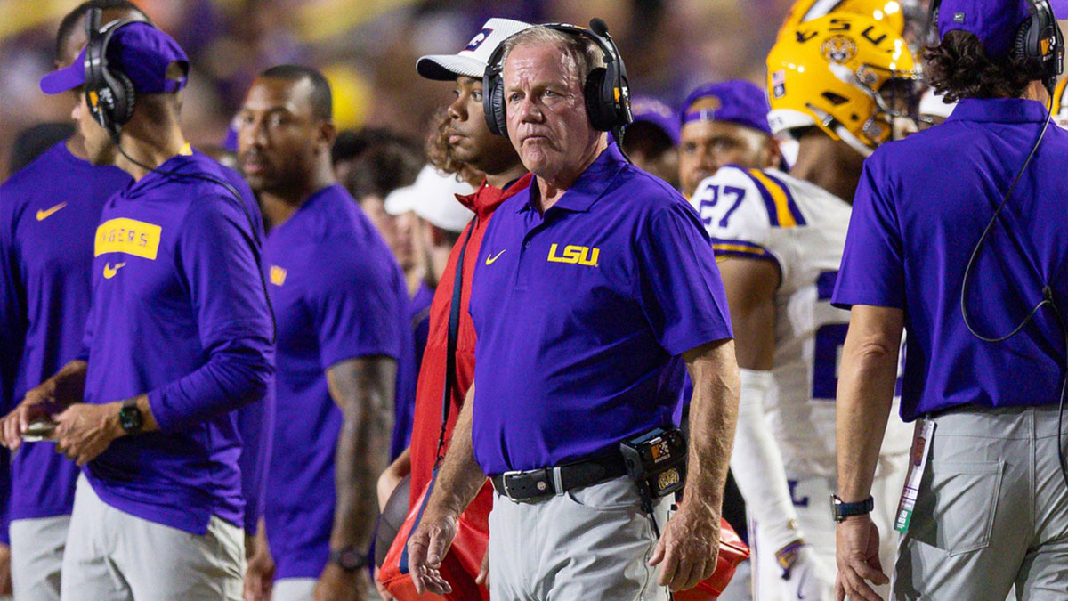 LSU Tigers head coach Brian Kelly against the South Alabama Jaguars during the second quarter at Tiger Stadium.