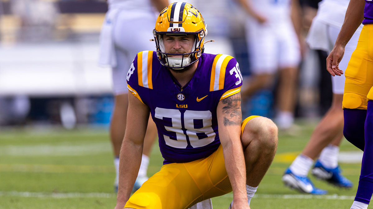 LSU Tigers pass rush Peyton Todd (38) during warmups before the game against the UCLA Bruins at Tiger Stadium.