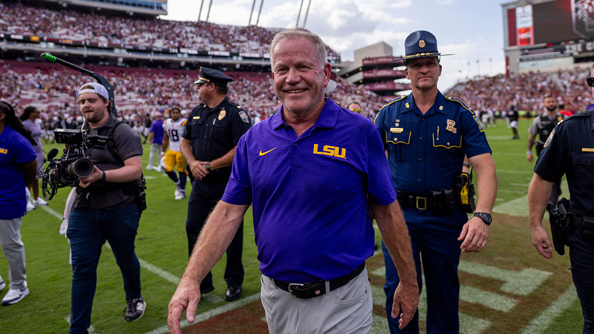LSU Tigers head coach Brian Kelly smiles after defeating the South Carolina Gamecocks at Williams-Brice Stadium.