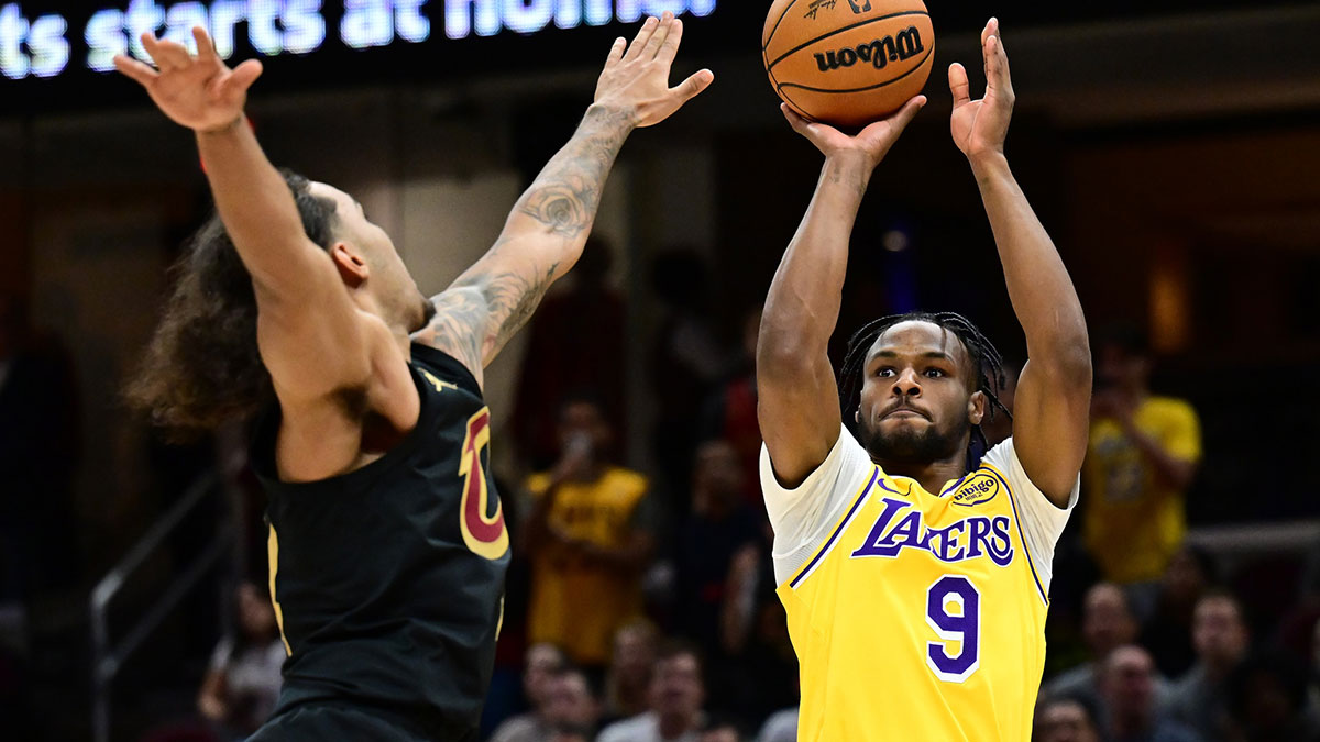 Los Angeles Lakers guard Bronny James (9) shoots over the defense of Cleveland Cavaliers forward Jaylon Tyson (24) during the second half at Rocket Mortgage FieldHouse. 