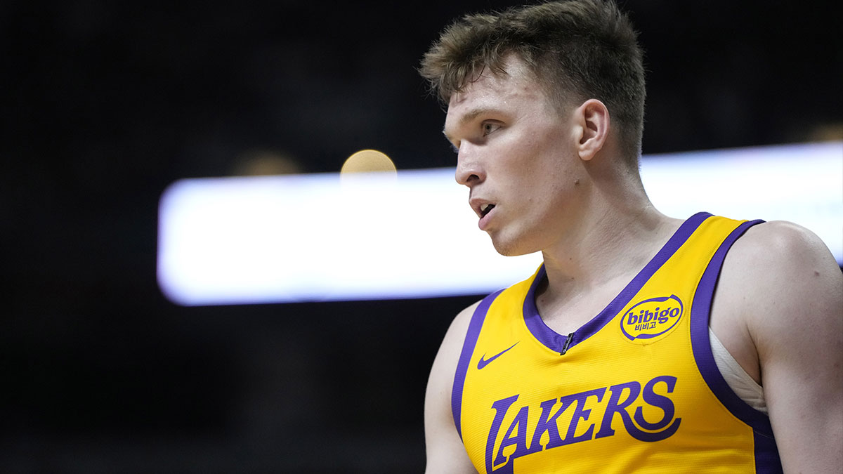 Los Angeles Lakers forward Dalton Knecht (4) competes during the first half against the Houston Rockets at the Thomas & Mack Center.