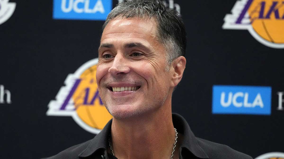  Los Angeles Lakers general manager Rob Pelinka at press conference at UCLA Health Training Center. 