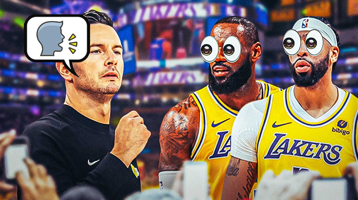 Lakers' JJ Redick with a quote bubble and a talking head emoji and LeBron James, Anthony Davis looking at him with big eyes