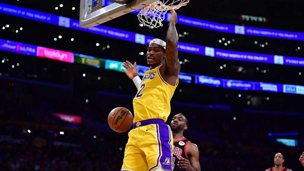 Los Angeles Lakers forward Jarred Vanderbilt (2) dunks for the basket against the Los Angeles Lakers during the first half at Crypto.com Arena.