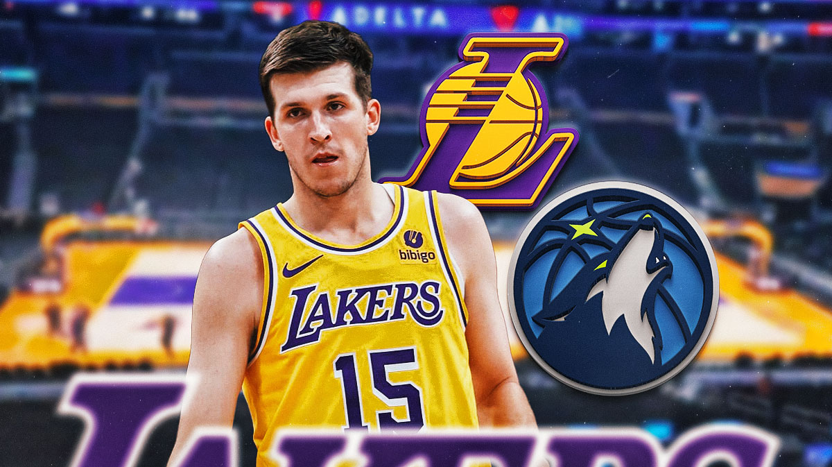 Lakers guard Austin Reaves next to the Lakers' and Timberwolves' logos