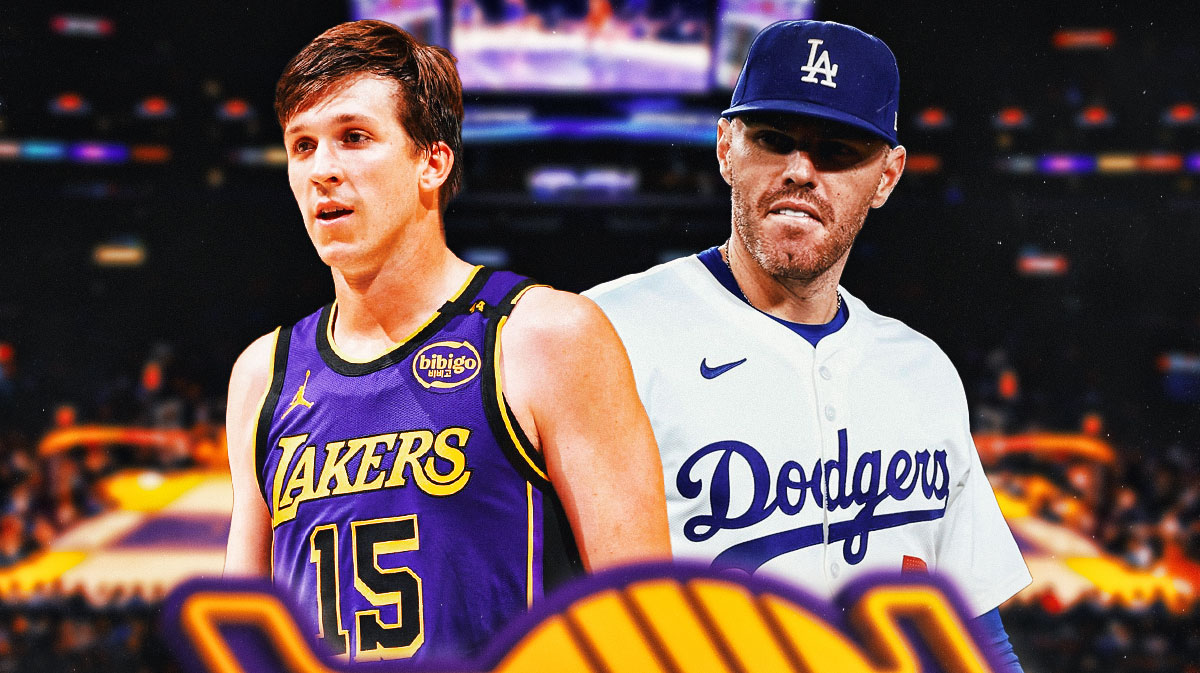 Los Angeles Lakers player Austin Reaves and Los Angeles Dodgers player Freddie Freeman