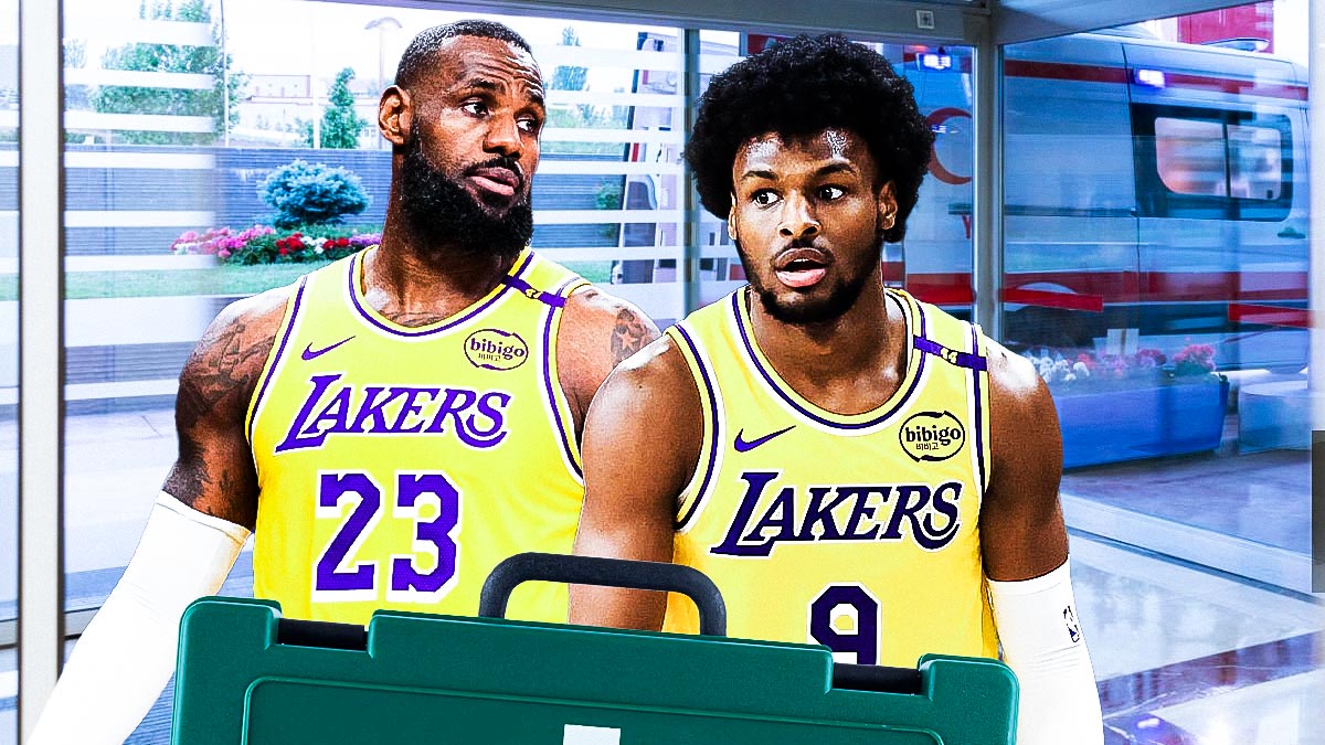 Lakers players Bronny James Jr., LeBron James, and a hospital.