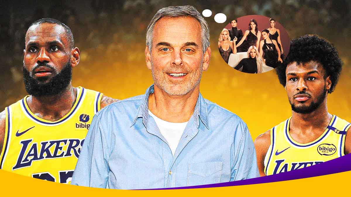 Colin Cowherd with a thought bubble that has the Kardashian family in it, with LeBron and Bronny James next to Cowherd