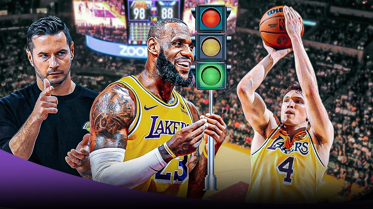 Lakers' JJ Redick and LeBron James holding a green traffic light towards a shooting Dalton Knecht