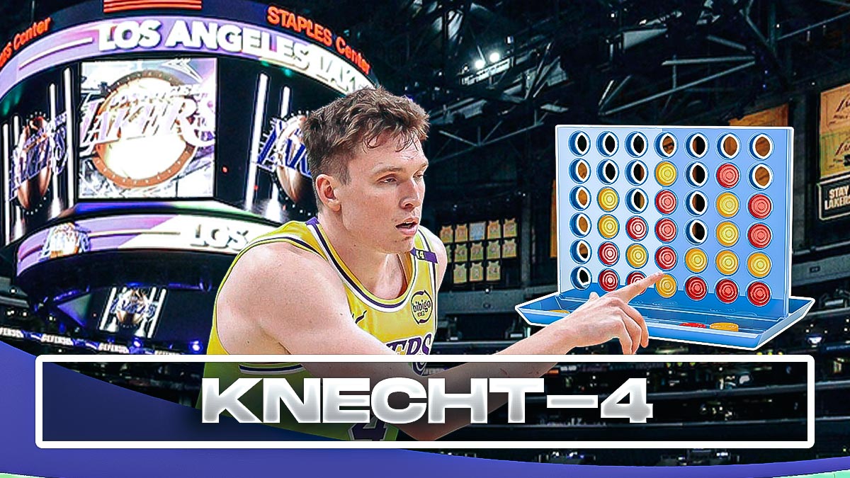 IMAGE: Los Angeles Lakers rookie Dalton Knecht with a title above him that says "Knecht-4" while also having the Connect-4 board game in the background as well.