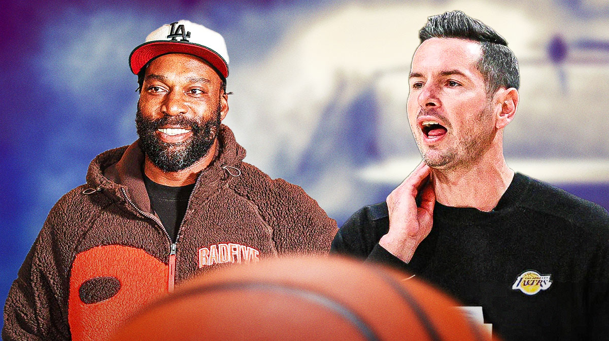 JJ Redick in Lakers coaching gear, and Baron Davis. Car wash in the background.