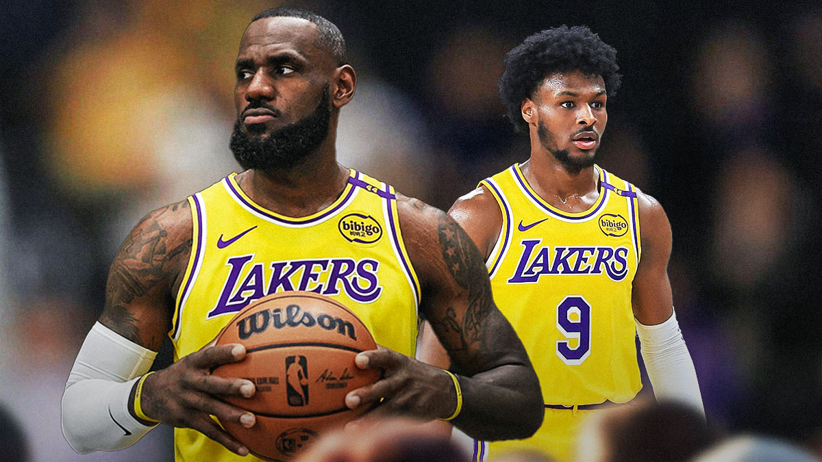 LA Lakers players LeBron James and Bronny James with the Lakers arena in the background, JJ Redick