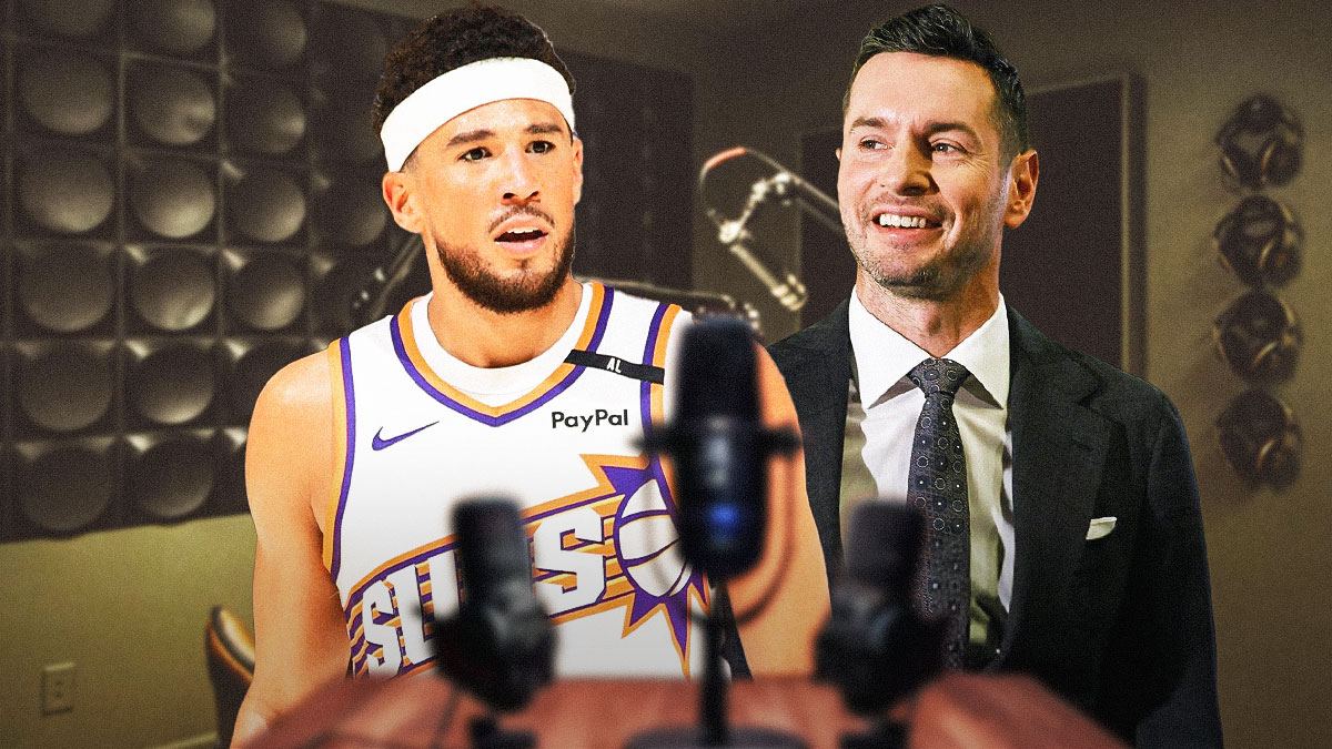 Los Angeles Lakers head coach JJ Redick with a smile on his face, looking at Phoenix Suns guard Devin Booker with a background of a podcast studio.