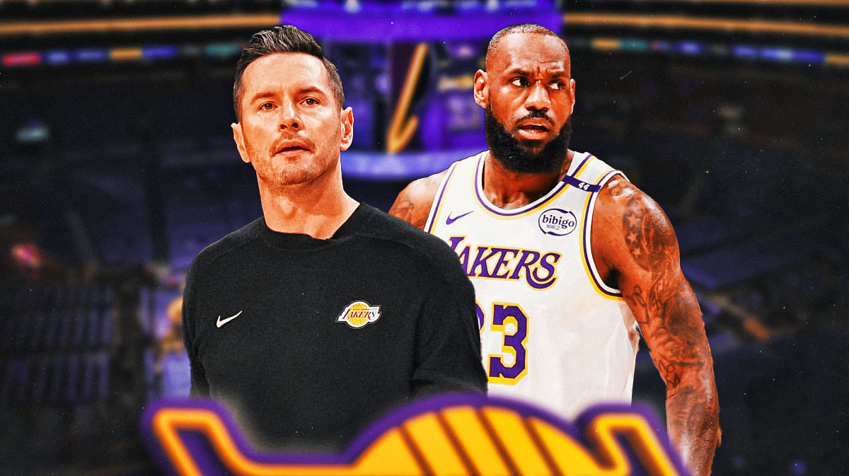 Los Angeles Lakers head coach JJ Redick and Lakers player LeBron James, triple double