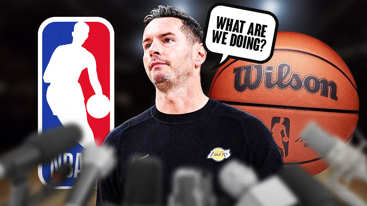 Lakers' JJ Redick saying "What are we doing" next to NBA basketball