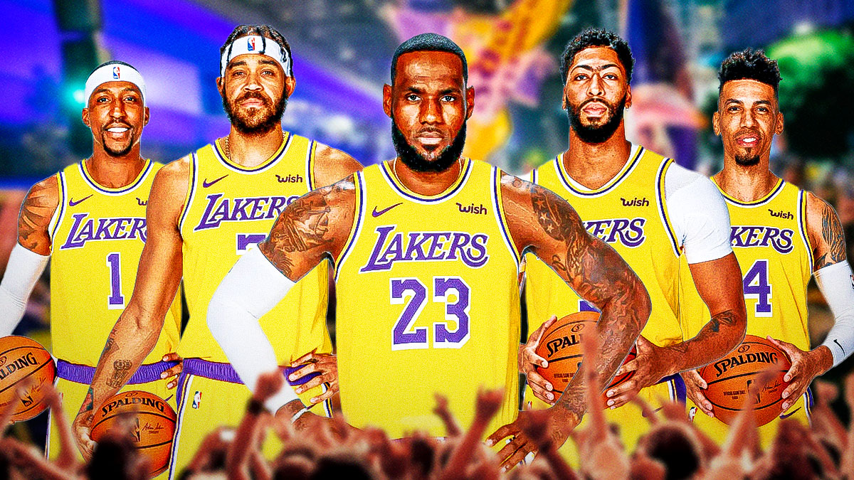 The 2019-20 Los Angeles Lakers starting five of LeBron James, Anthony Davis, JaVale McGee, Danny Green, and Kentavious Caldwell-Pope with a background of a parade behind the starting lineup.