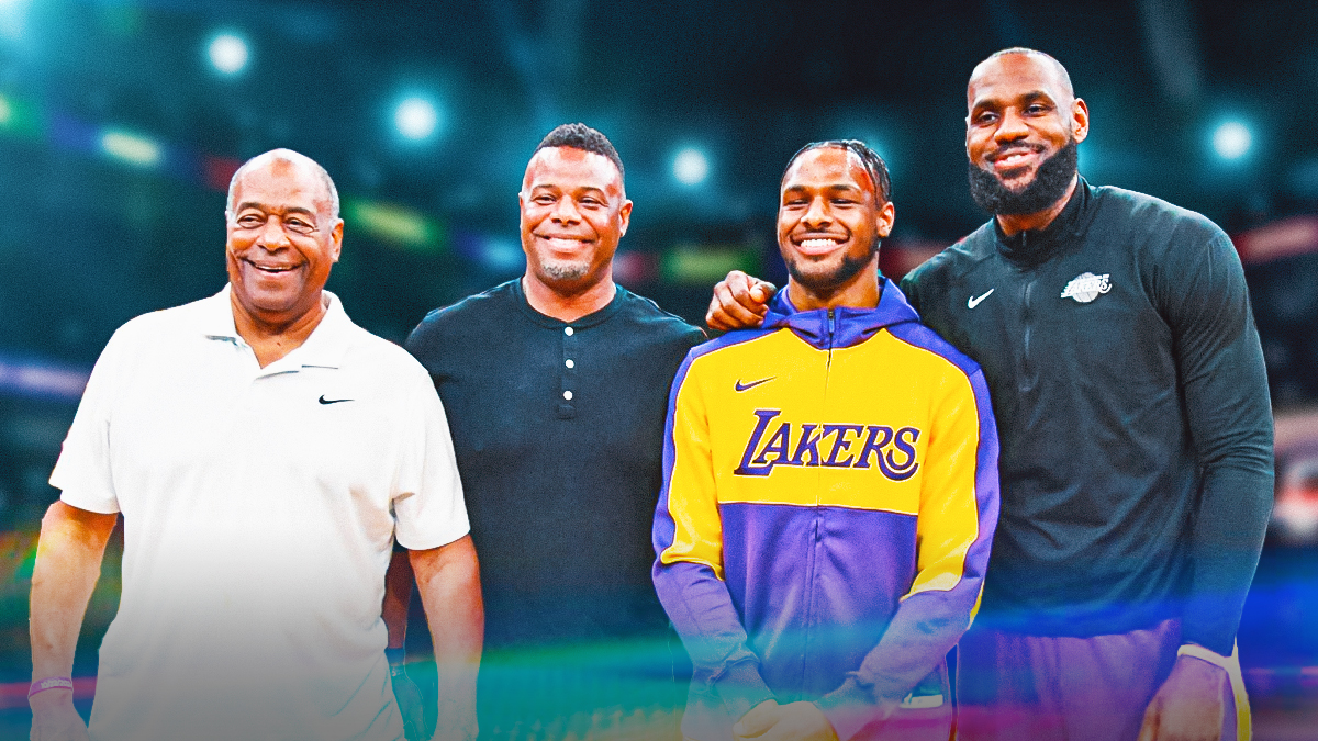 Lakers' LeBron and Bronny James next to Ken Griffin Sr. and Jr.