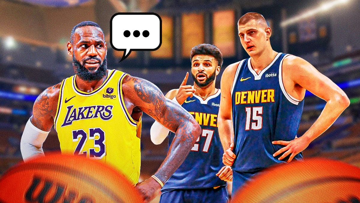 LeBron James with a text bubble and Nikola Jokic and Jamal Murray.