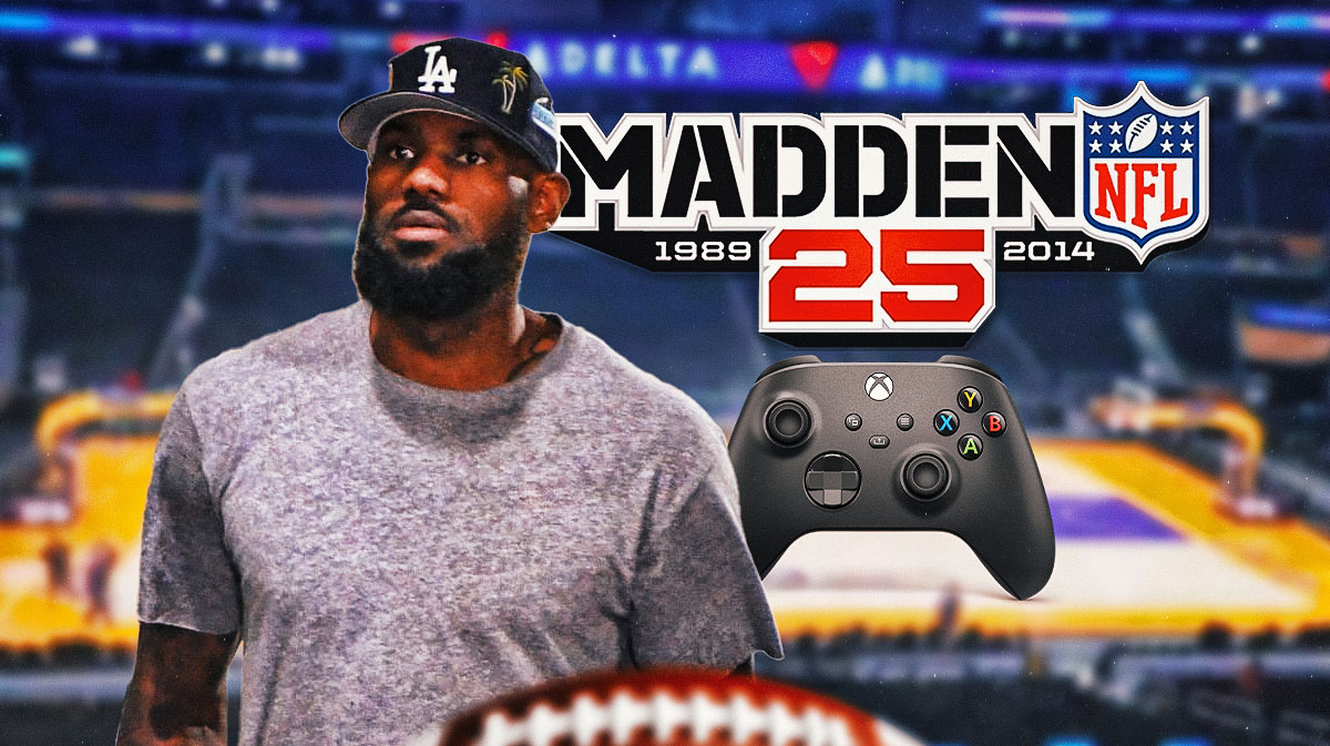 Lakers LeBron James with an Xbox controller and the Madden 25 logo behind him