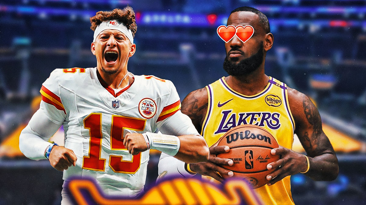 LeBron James with heart eyes looking at Patrick Mahomes