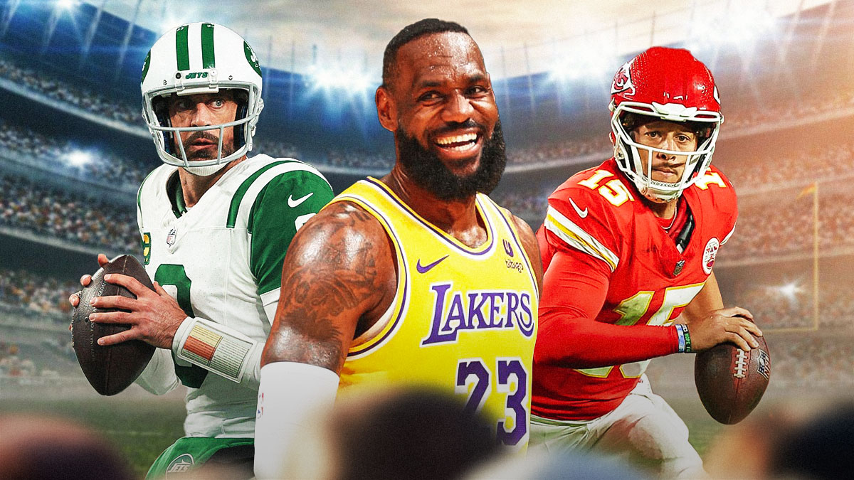 Lakers' LeBron James next to Patrick Mahomes, Jets' Aaron Rodgers