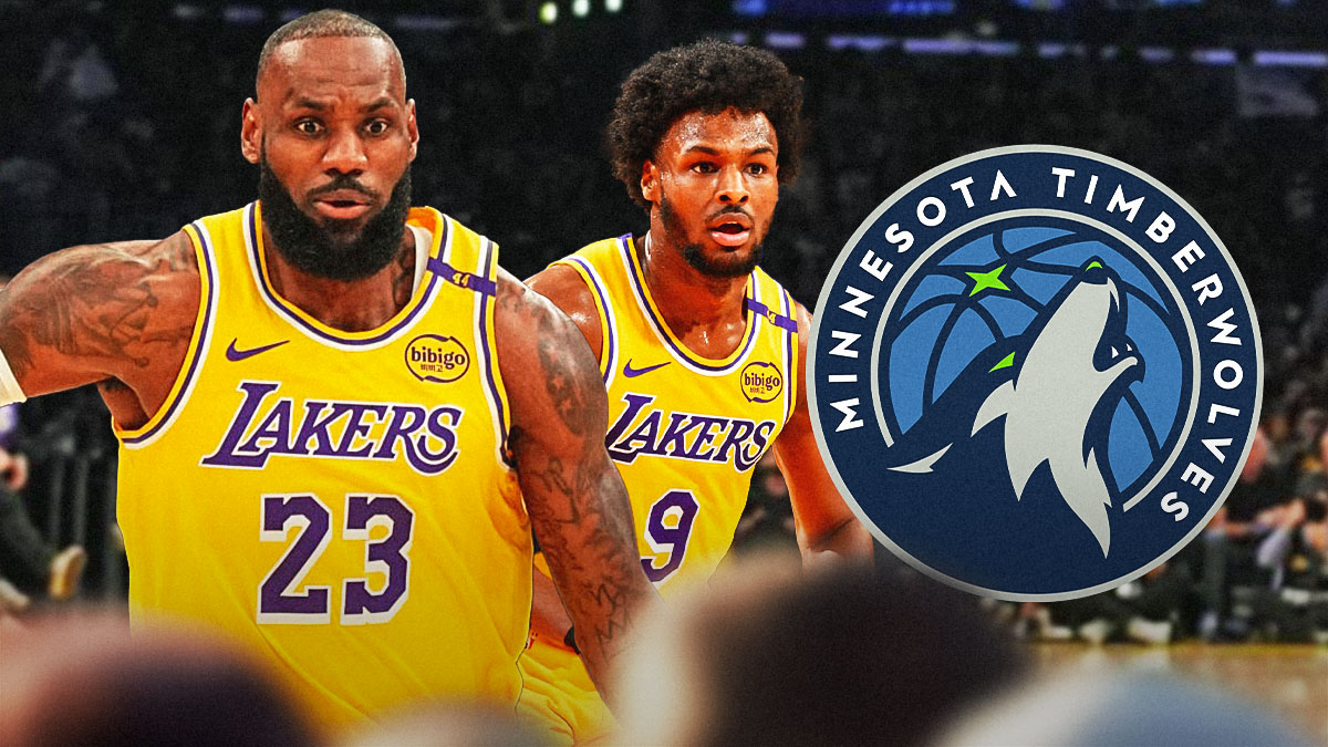 Lakers' LeBron James and Bronny James, Timberwolves, Crypto.com Arena behind them
