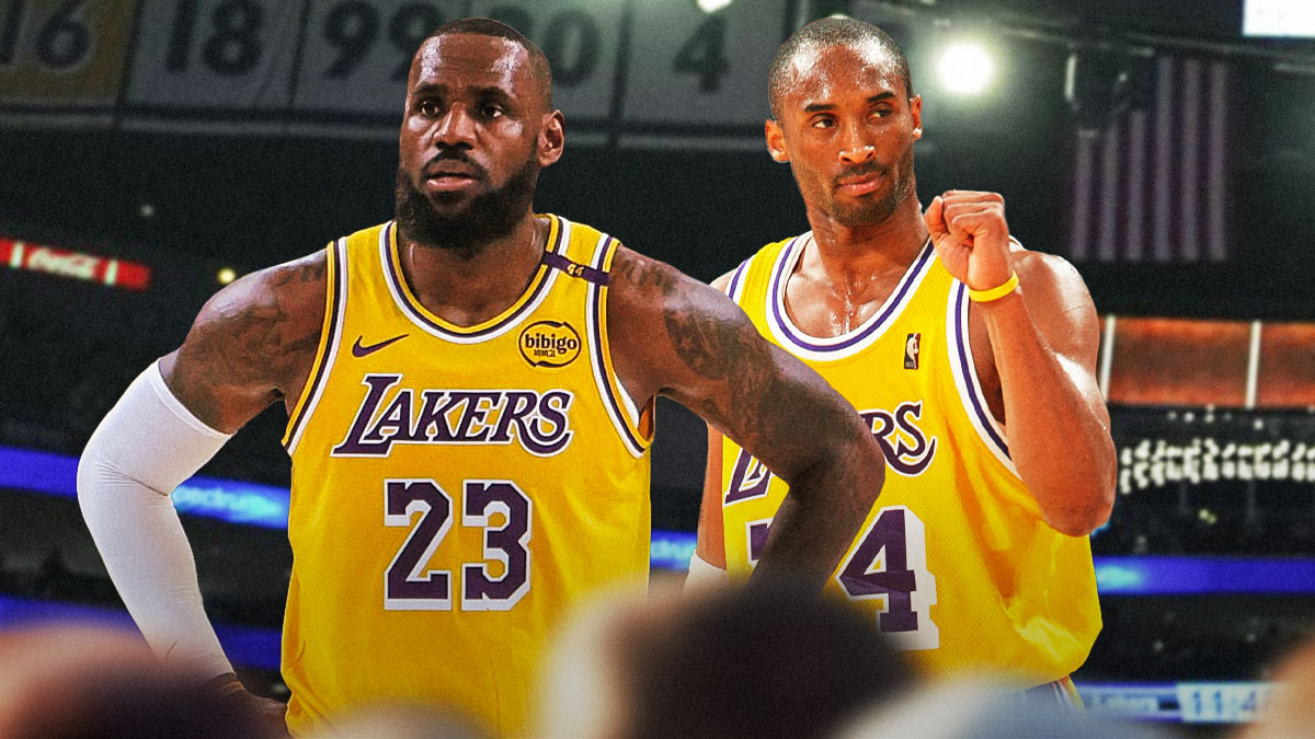 LeBron James and Kobe Bryant, both in Lakers jerseys