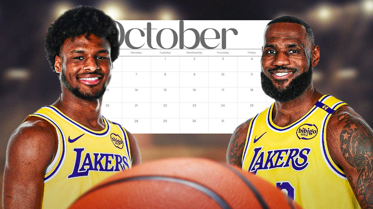 Lakers' Bronny James and LeBron James smiling, with calendar of October 2024 beside them