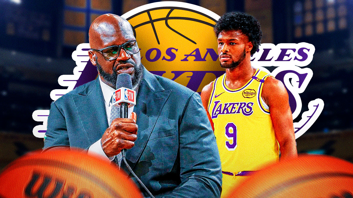 Hall of Face center Shaquille O'Neal next to Lakers rookie Bronny James & the Lakers logo in the background
