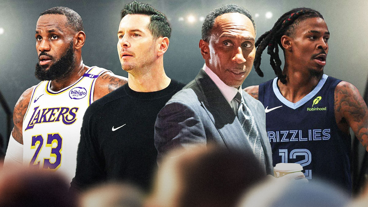 LeBron James and JJ Redick with Lakers gear then Stephen A. Smith and Ja Morant wearing Grizzlies gear.