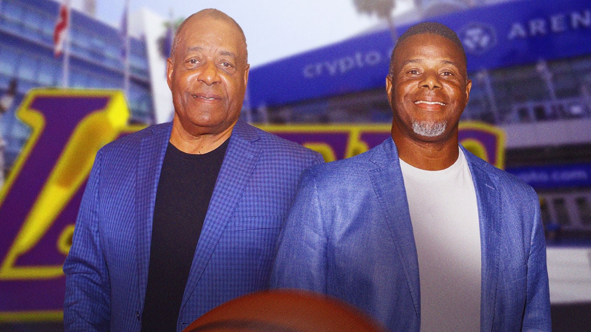Ken Griffey Sr. and Ken Griffey Jr. with Los Angeles Lakers logo between them