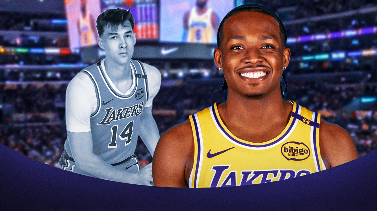 Quincy Olivari in a Lakers uniform. Colin Castleton in black and white a Lakers uniform