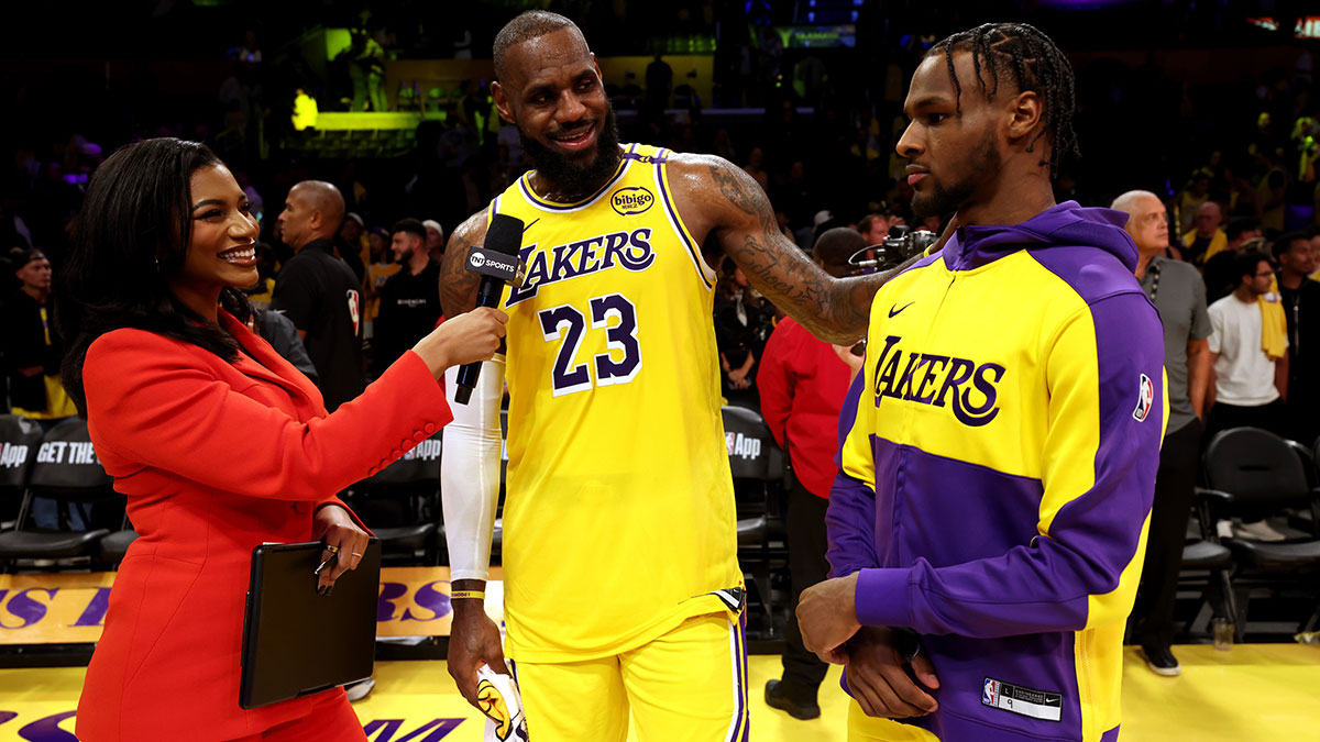 Lakers forward LeBron James (23) and guard Bronny James (9) after they defeated the Minnesota Timberwolves at Crypto.com Arena