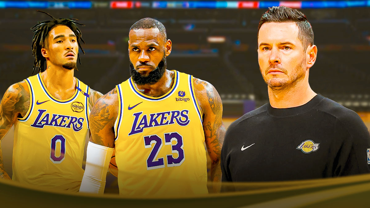 Lakers' Jalen Hood-Schifino with JJ Redick and LeBron James