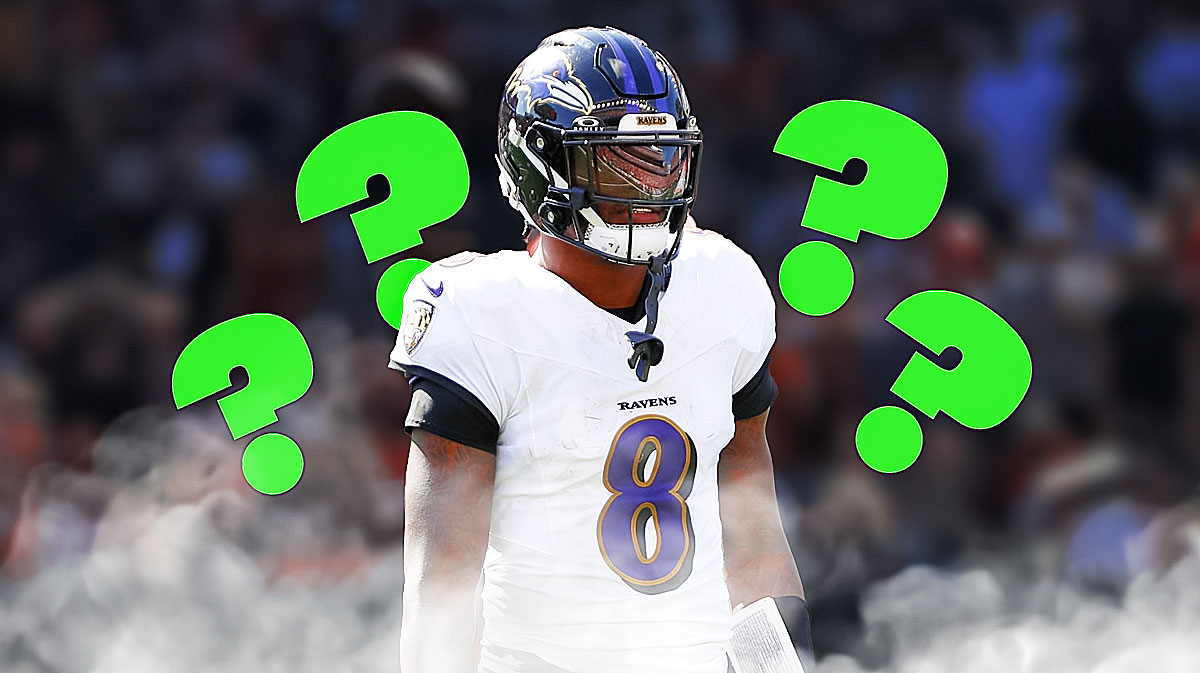 Lamar Jackson in a Baltimore Ravens uniform with little green question marks around him as Jackson missed the Ravens Wednesday practice now the question is if jackson has an injury, another ravens injury the team is dealing with.