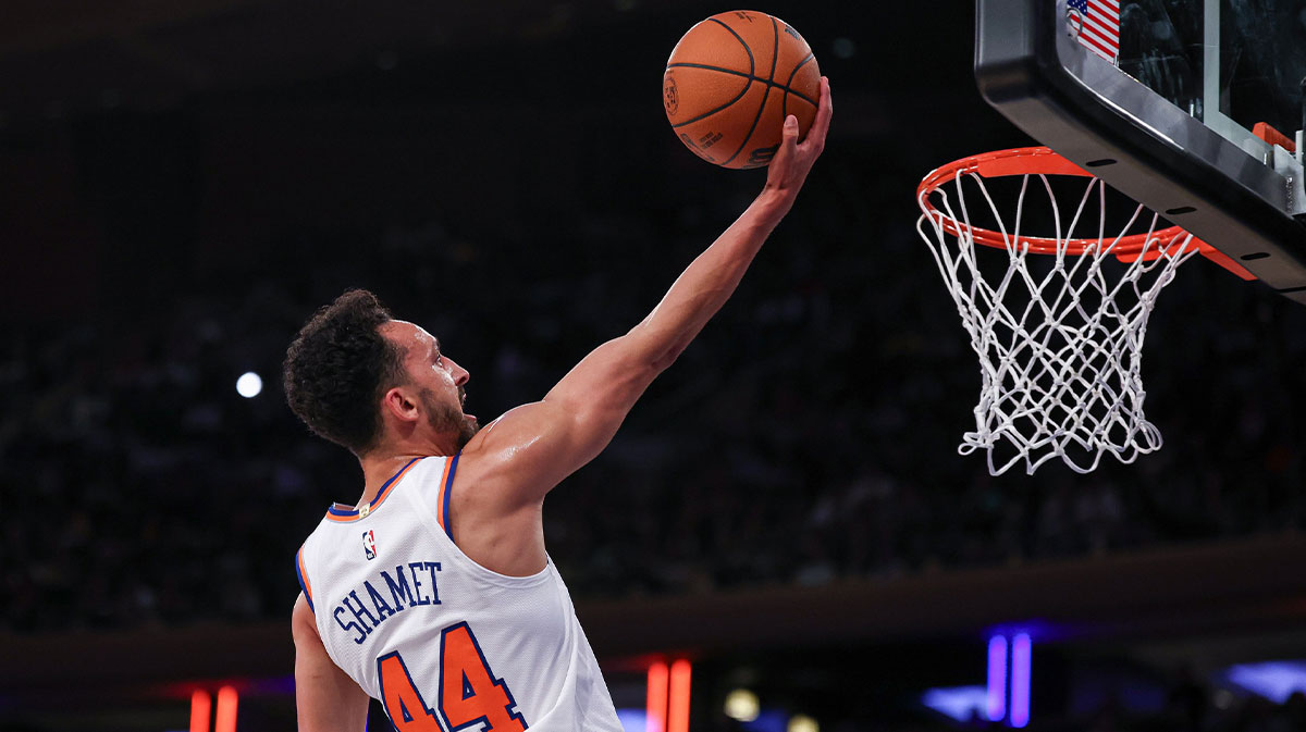 Oct 13, 2024; New York, New York, USA; New York Knicks guard Landry Shamet (44) lays the ball up for a basket during the first half against the Minnesota Timberwolves at Madison Square Garden.