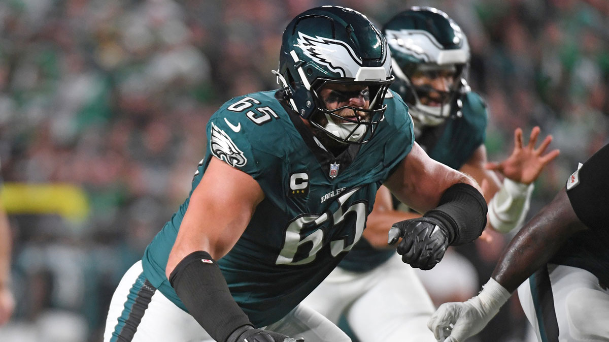 Philadelphia Eagles offensive tackle Lane Johnson (65) blocks against the Atlanta Falcons at Lincoln Financial Field.