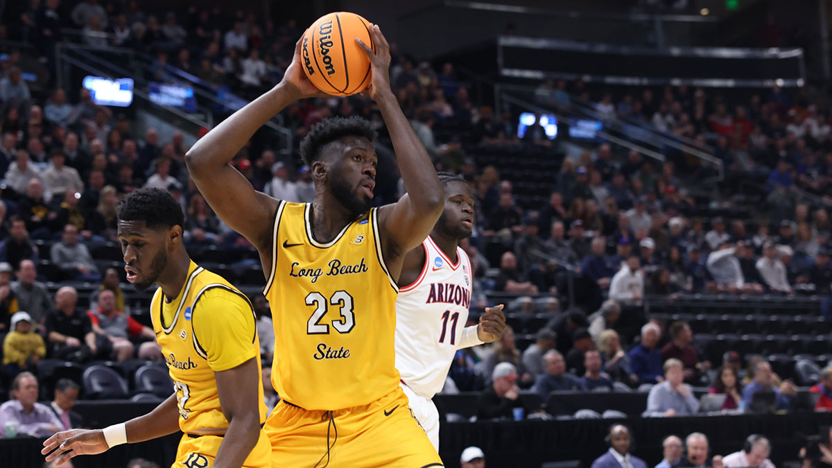 Long Beach State 49ers guard Lassina Traore (23) grabs the ball againt Arizona Wildcats during the first half in the first round of the 2024 NCAA Tournament at Vivint Smart Home Arena-Delta Center.