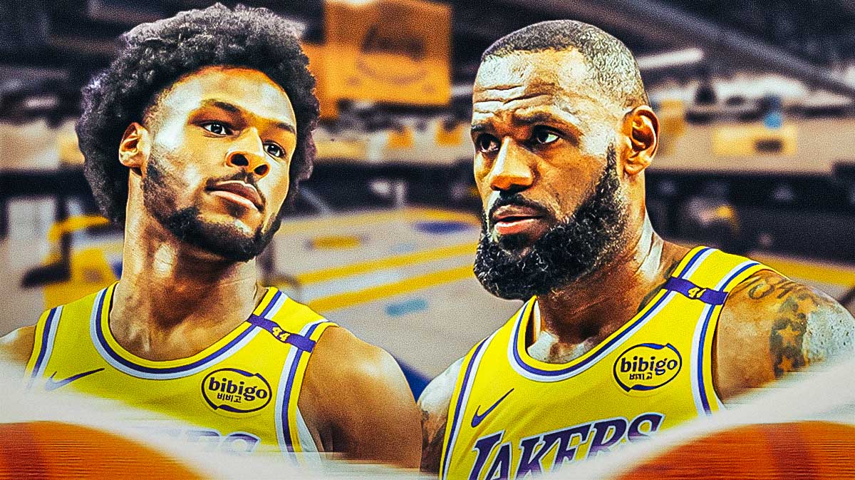 Lakers superstar LeBron James next to Lakers rookie Bronny James with the Lakers practice facility in the background