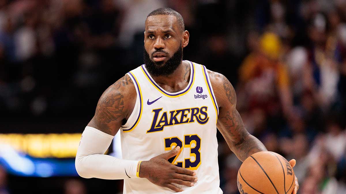 Los Angeles Lakers forward LeBron James (23) looks on during the third quarter against the Denver Nuggets in game one of the first round for the 2024 NBA playoffs at Ball Arena.