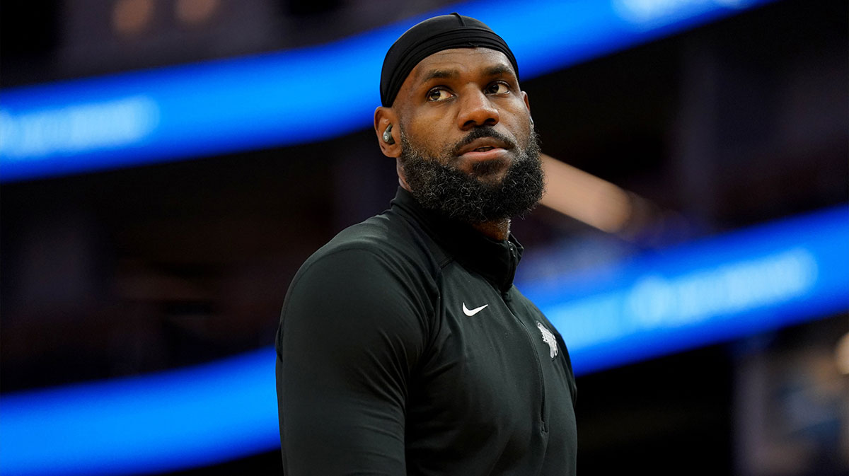 Los Angeles Lakers forward LeBron James (23) stands on the court before the start of the game against the Golden State Warriors at the Chase Center.