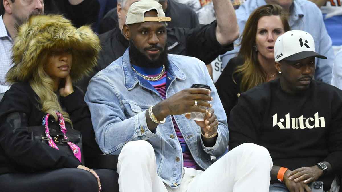 Savannah James, LeBron James and Rich Paul sit in the front in the fourth quarter of game four of the second round for the 2024 NBA playoffs between the Cleveland Cavaliers and the Boston Celtics at Rocket Mortgage FieldHouse.