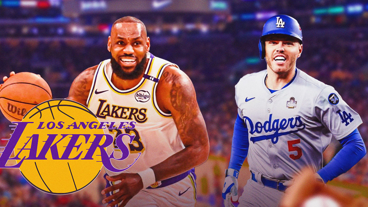 Lakers' LeBron James next to Dodgers Freddie Freeman after Yankees HR n World Series