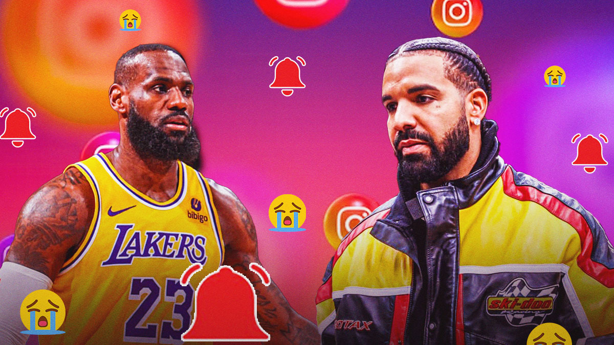 Los Angeles Lakers forward LeBron James standing next to hip-hop artist Drake with crying emojis and cell phone notification emojis around them.