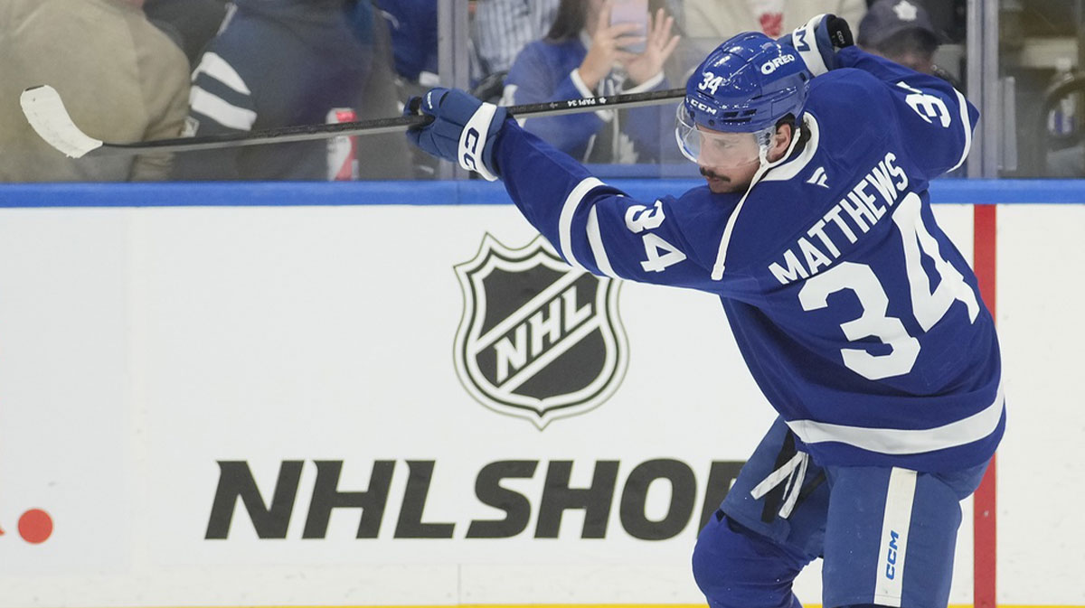 Toronto Maple Leafs forward Auston Matthews (34) shoots the puck during warm-up before a game against the Tampa Bay Lightning at Scotiabank Arena.