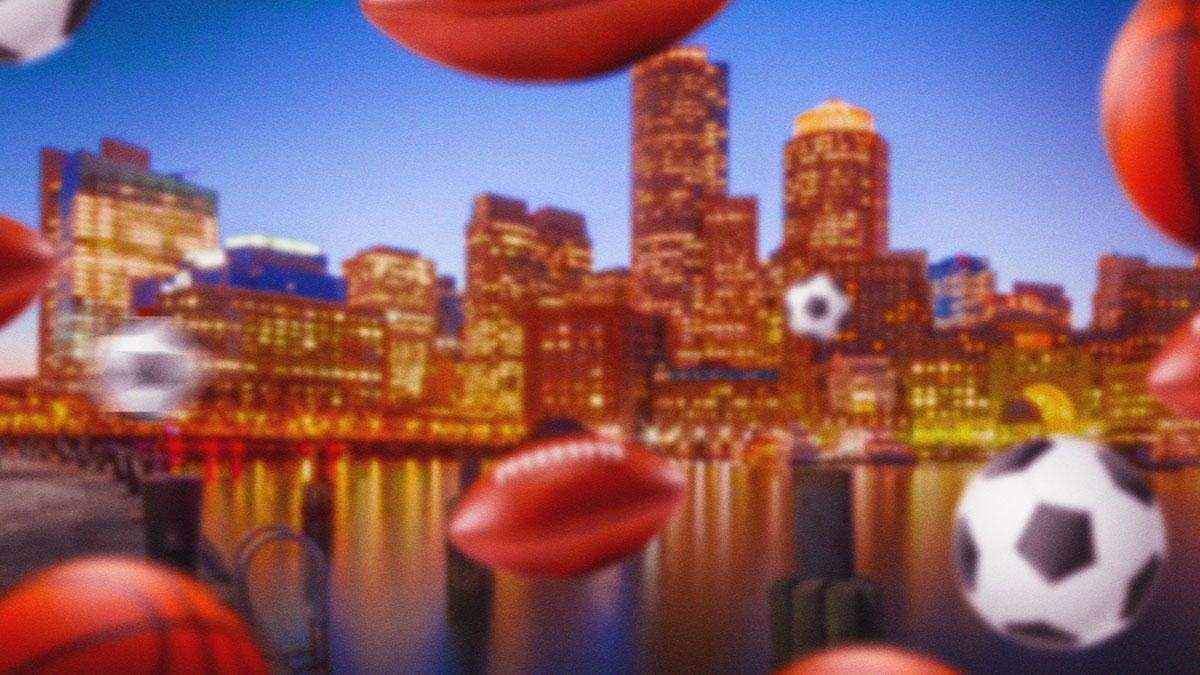 The city of Boston, Massachusetts, United States, with soccer balls and basketballs, American footballs