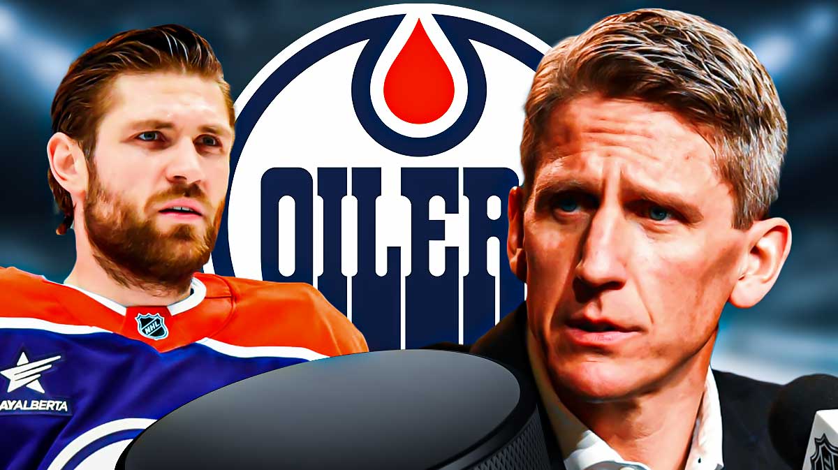 Leon Draisaitl and Kris Knoblauch looking stern, Edmonton Oilers logo, hockey rink in background