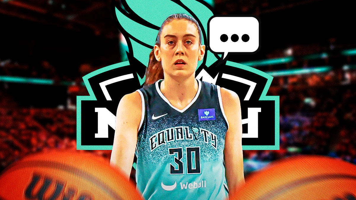 New York Liberty power forward Breanna Stewart with a speech bubble that has the three dots emoji inside. There is also a logo for the New York Liberty.