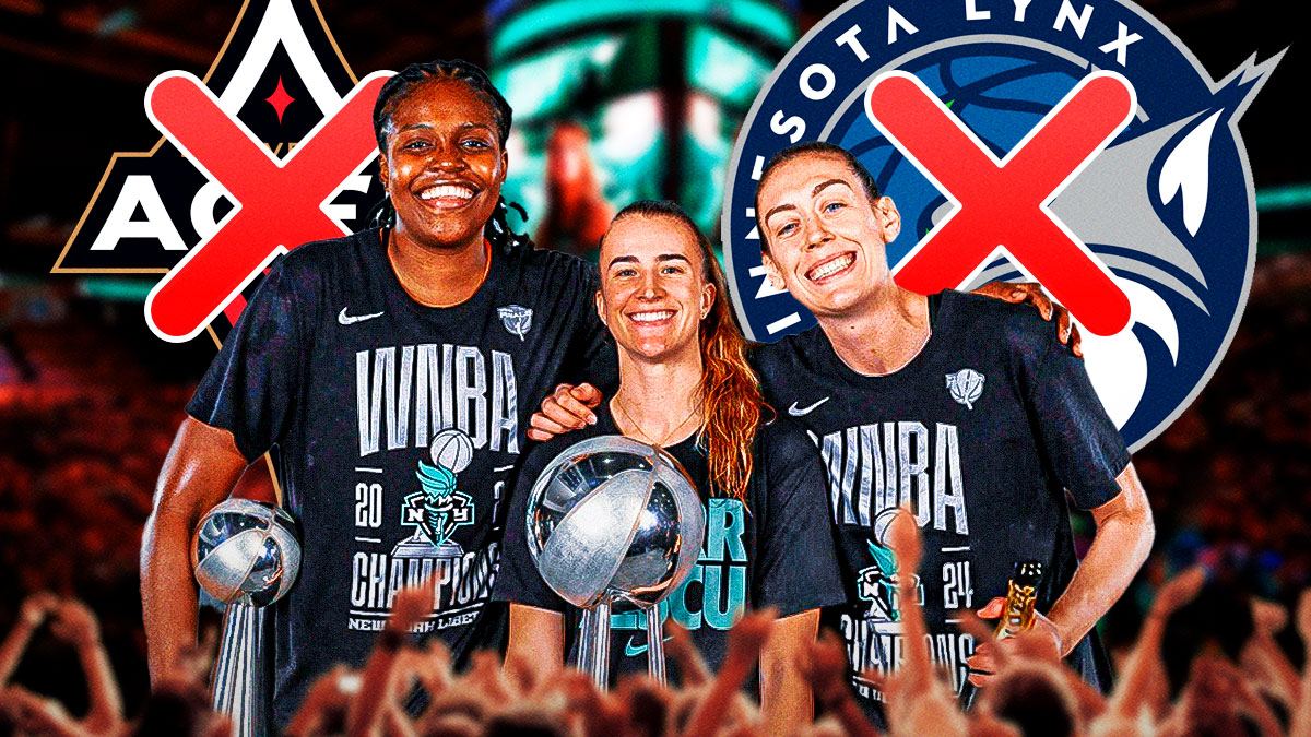 New York Liberty guard Sabrina Ionescu, forwards Jonquel Jones and Breanna Stewart smiling with the Las Vegas Aces and Minnesota Lynx logos next to them. Both the Aces and Lynx logos have an X sign through them